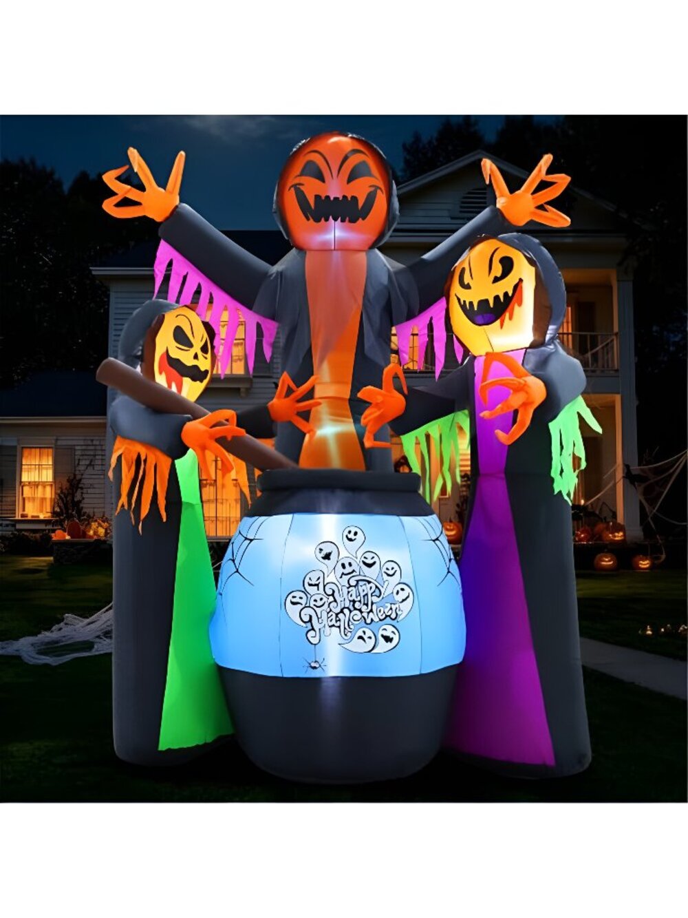 8FT Halloween Inflatables Three Witch Around Cauldron with Light Yard Decor